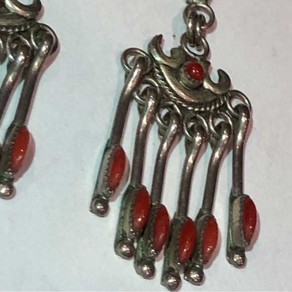 Vintage Zuni NF Haskins Sterling Needlepoint Coral Dangle Earrings
